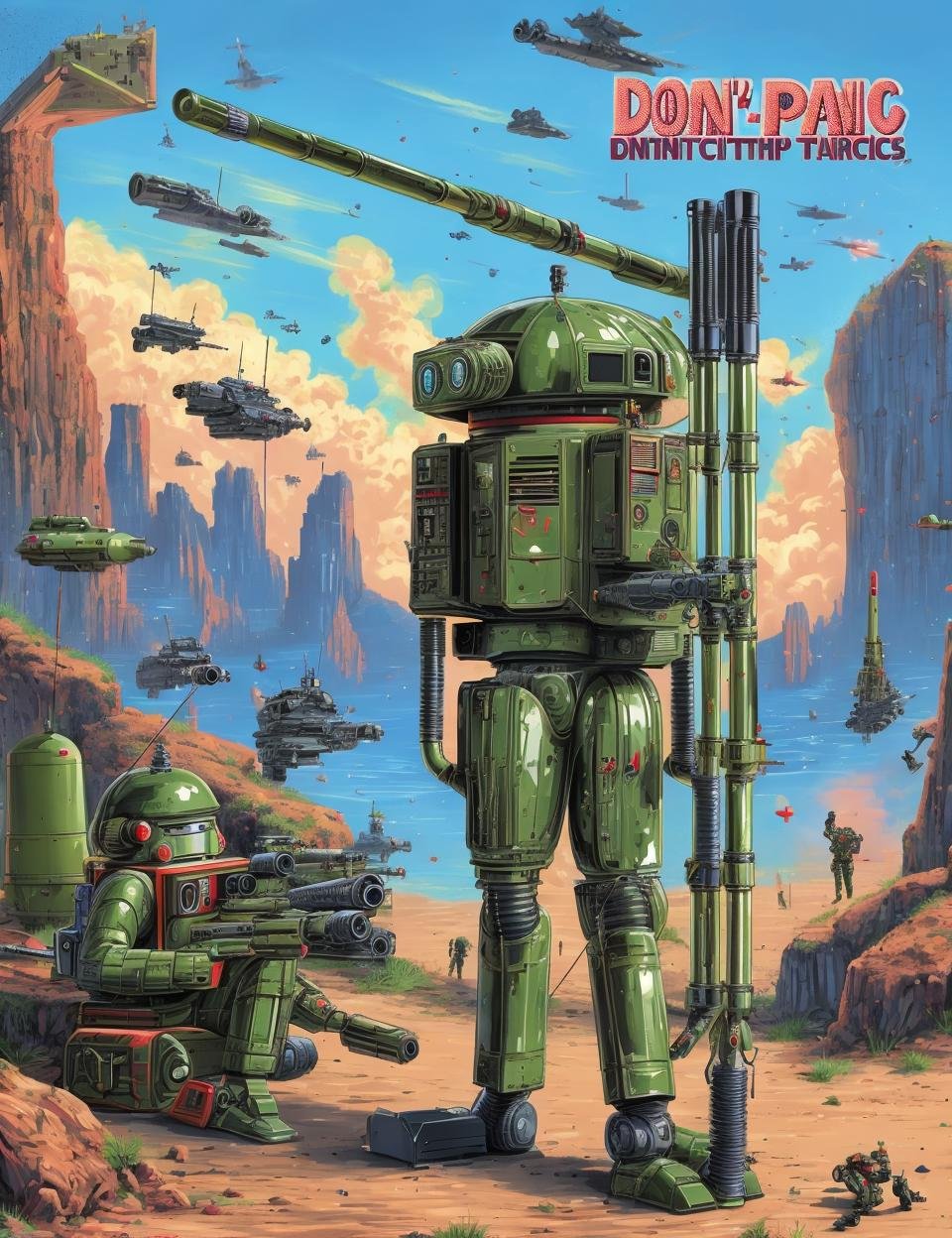 DonMD0n7P4n1c, text \"DON'T PANIC!\", female t-series military strategic analysis and tactics droid, , crossbow, <lora:DonMD0n7P4n1c:0.8>