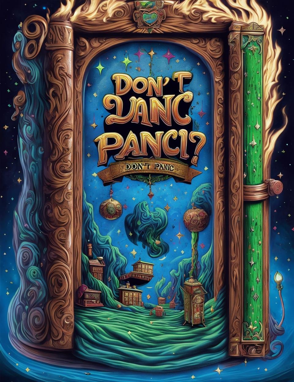 DonMD0n7P4n1c, text "DON'T PANIC!",  enchanted scrolls,   leatherbound, wood,    ,    <lora:DonMD0n7P4n1c:1>