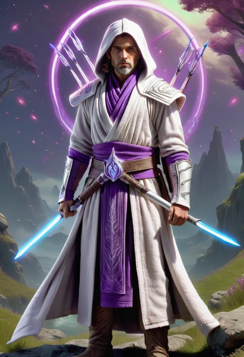 DonMT0w31XL towel, male hologram, jedi consular, quiver (for archers), purple <lora:DonMT0w31XL-000010:1>