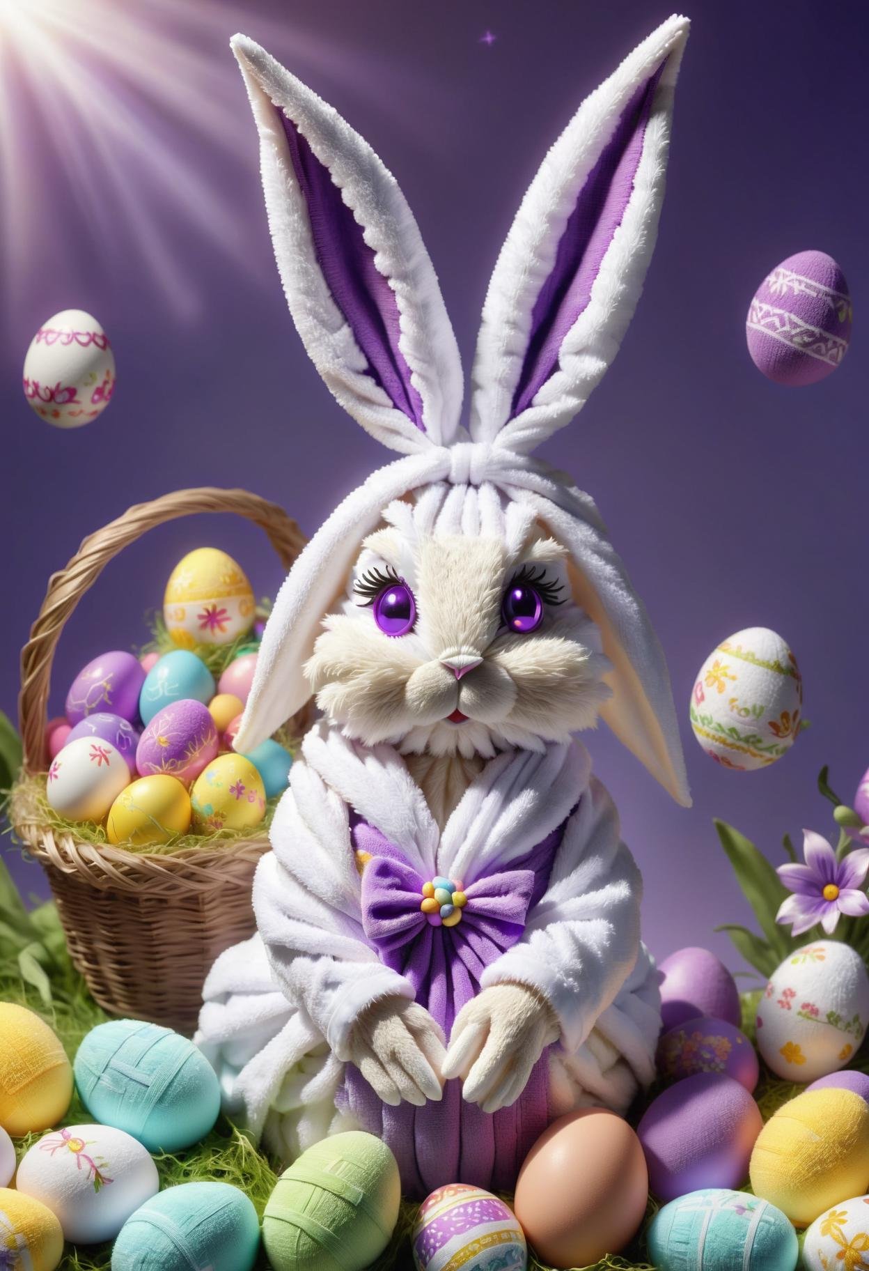 DonMT0w31XL towel, female  easter bunny, anthropomorphic hare, colorful eggs, festive clothing and accessories, basket filled with easter eggs, fertility, rebirth, spring, cheerful, interwoven,canopy,innate,collaboration,nocturnal,customs,supportive , purple <lora:DonMT0w31XL-000010:0.8>