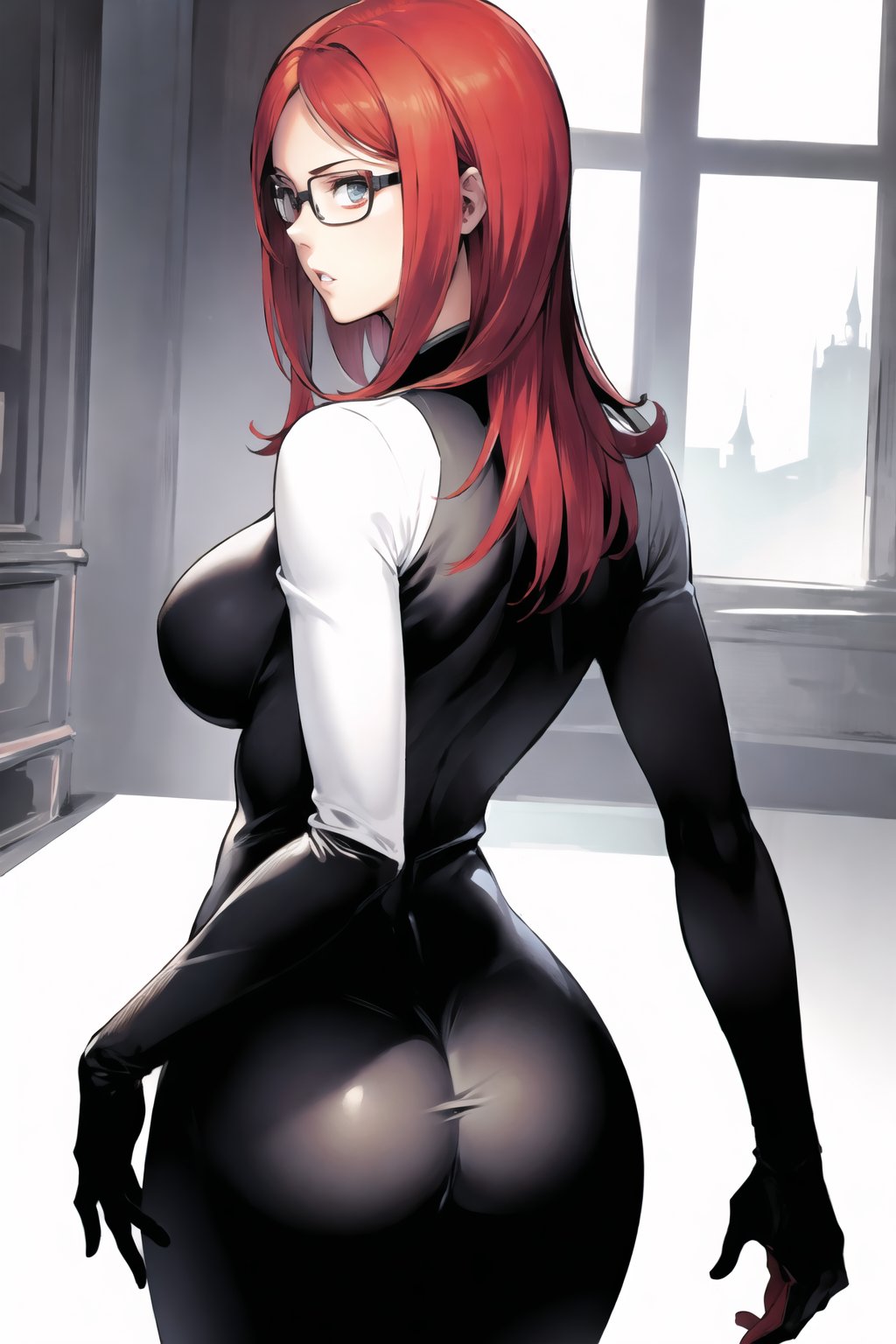 (masterpiece),illustration,ray tracing,finely detailed,best detailed,Clear picture,intricate details,highlight,
photography,realistic, photorealistic,anime,

gothic architecture,
looking at viewer,

matrue female,mature woman,milf,woman,
bisyoujo,lady,
tsurime eyes,
oval face,

HiragiAn, woman, medium hair,glasses,matrue female,milf,red_hair, business_suit, large_breasts,

ass, from behind,masterpiece