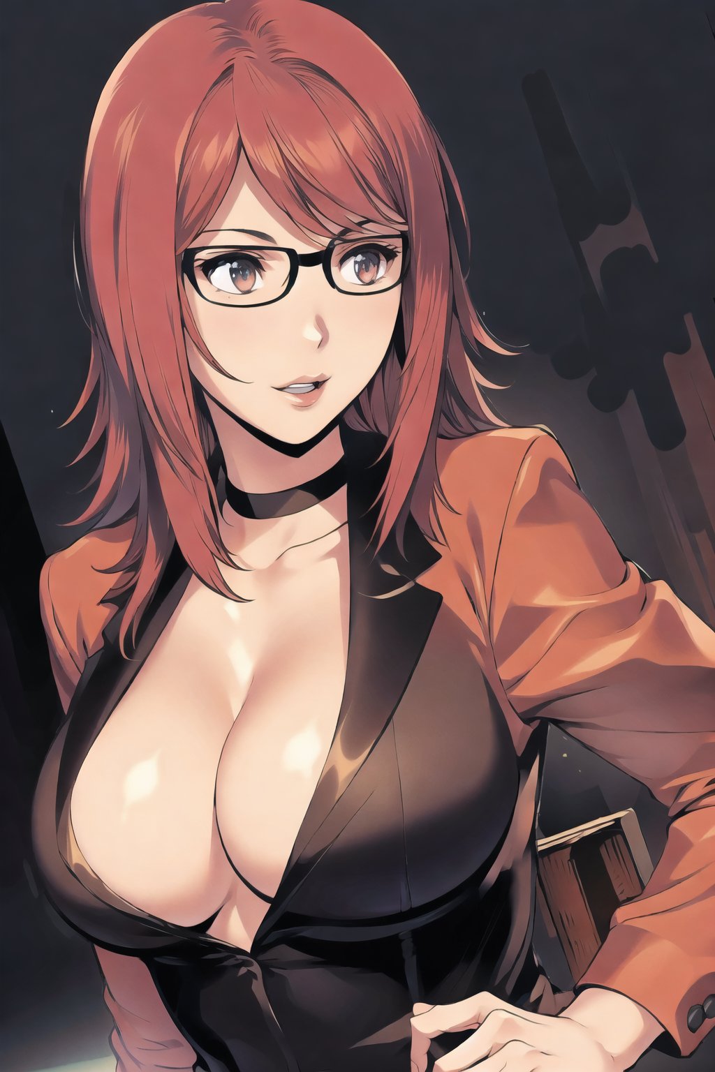 (masterpiece),illustration,ray tracing,finely detailed,best detailed,Clear picture,intricate details,highlight,
photography,realistic, photorealistic,anime,

gothic architecture,
looking at viewer,

matrue female,mature woman,milf,woman,
bisyoujo,lady,
tsurime eyes,
oval face,

HiragiAn, woman, medium hair,glasses,matrue female,milf,red_hair, business_suit, large_breasts,

