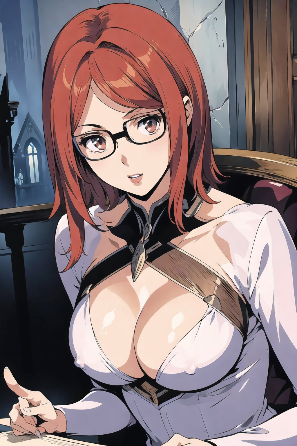(masterpiece),illustration,ray tracing,finely detailed,best detailed,Clear picture,intricate details,highlight,
photography,realistic, photorealistic,anime,

gothic architecture,
looking at viewer,

matrue female,mature woman,milf,woman,
bisyoujo,lady,
tsurime eyes,
oval face,

HiragiAn, woman, medium hair,glasses,matrue female,milf,red_hair, business_suit, large_breasts,
