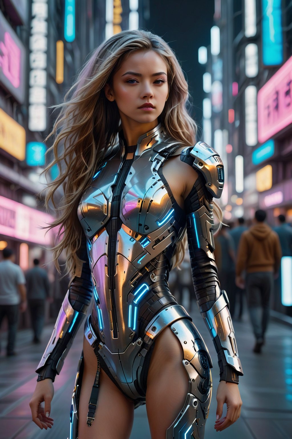 score_9, score_8_up, score_7_up, score_6_up, score_5_up, score_4_up, 
A stunningly alluring girl in futuristic mech armor stands tall in a cyberpunk city. The girl exudes sensuality with her sleek, high-tech armor that gleams in the neon-lit surroundings. Her long cascading hair contrasts against the metallic sheen, and her piercing gaze hints at a mysterious past. This captivating image of the girl combines beauty with strength, drawing viewers into the mesmerizing world of high-tech urban futurism. This vivid scene is depicted in a highly detailed digital painting that truly captures the essence of a sci-fi fantasy.
(Masterpiece:1.5), (Best quality:1.5), 8K, UHD, Anatomically correct, Absurdres, Highly detailed, High definition, Ultra-fine painting, Sharp focus, Extreme detail description, Professional, Intricate details, by FuturEvoLab, Front light, Uniform lighting, Soft shadows, Depth of field, Vibrant color palette, ,Sakura