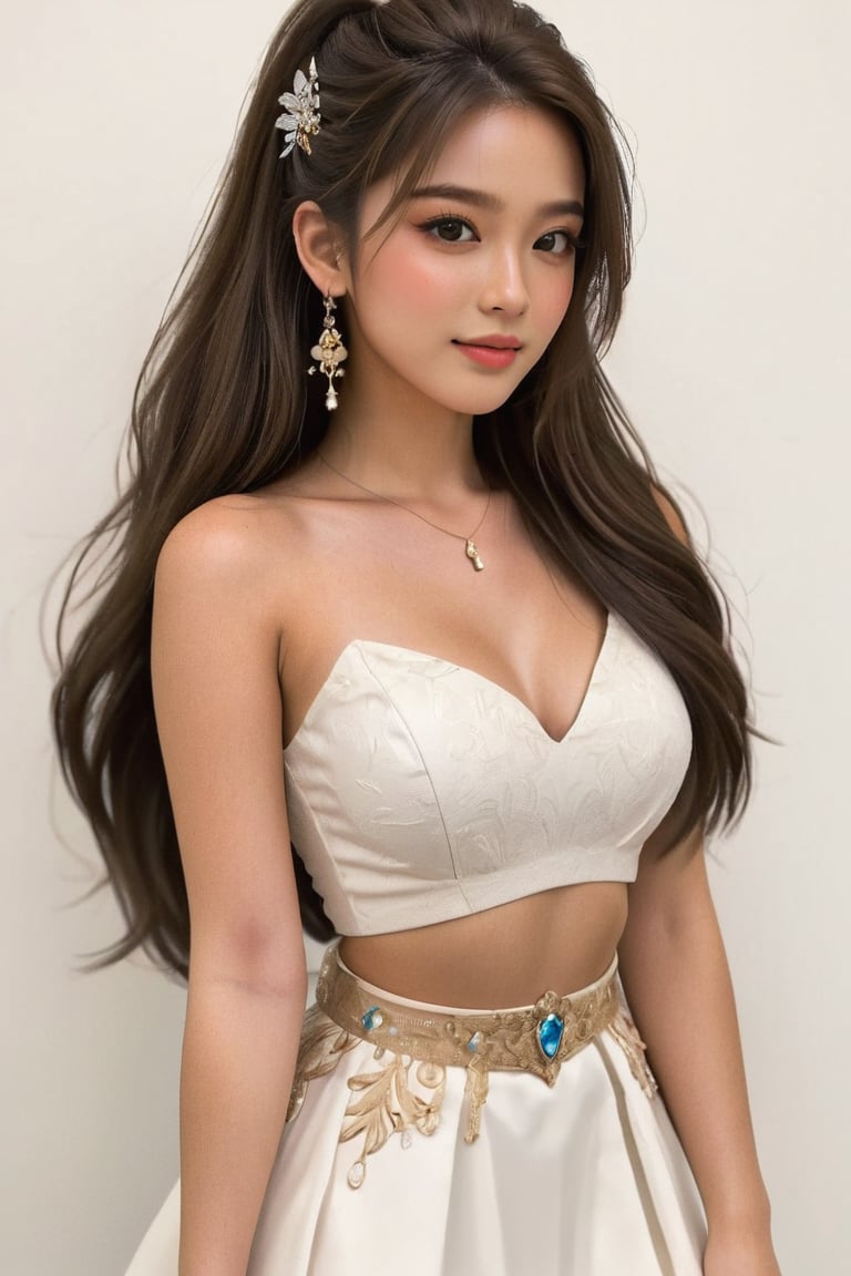 1girl, solo, long hair, princess_attire, simple background, hair, black hair, head to toe, full body, white background, jewelry, ponytail, earrings, midriff, necklace, magazine style