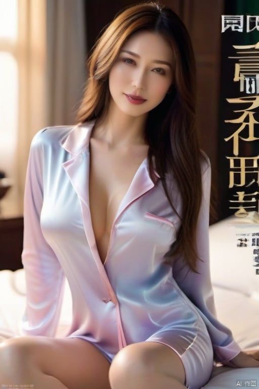 magazine cover,40-year-old woman with long hair wears sexy silk pajamas,Exquisite hair color,perfect breasts ,sleep in bed, glowing skin,（（（masterpiece）））, （（best quality））, （（intricate details））, （（surreal））（8K）Magazine cover, 1girl, seductive eyes