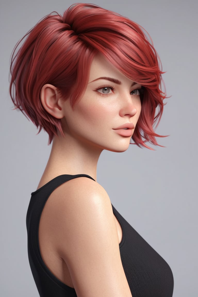 drzm4tur3d, a woman with red hair, short hair, mom cut, black shirt