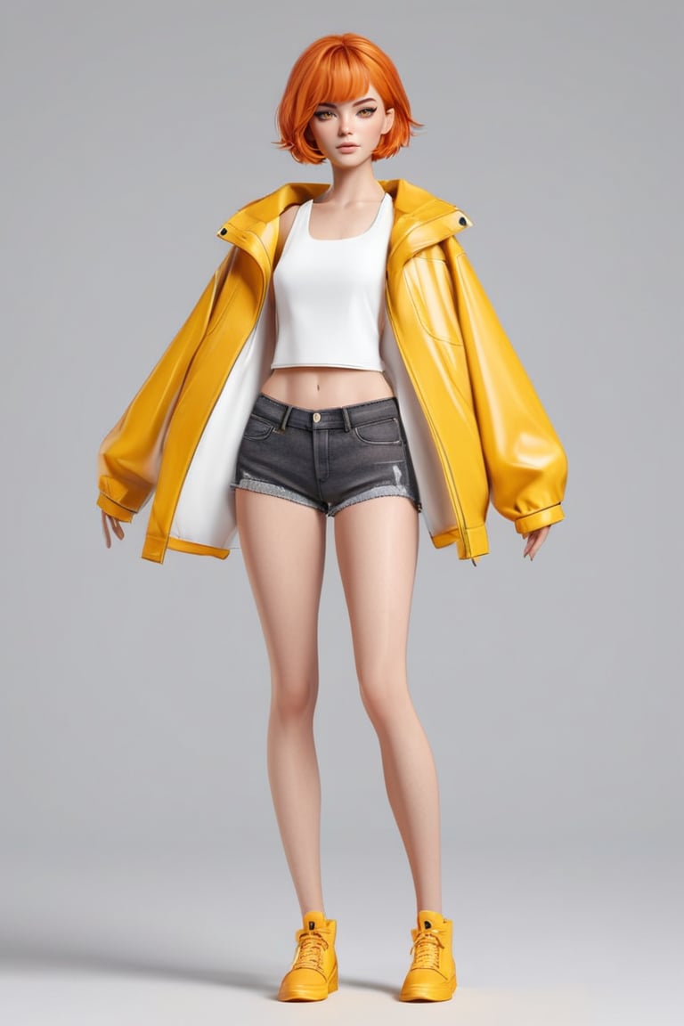 drzm4tur3d, full body, a woman with orange hair, short hair, female only, wearing a white tank top and a yellow top jacket, with denim shorts, yellow eyes, and black eyeliner, in a white solid background