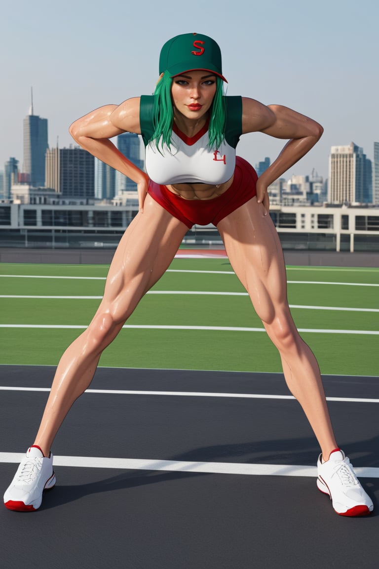 drzm4tur3d, a lady, front view, tied green hair, athletic, baseball cap, slight bending over, city at the background, light-skinned female, long legs, red sneekers, sportswear, sweaty, toned