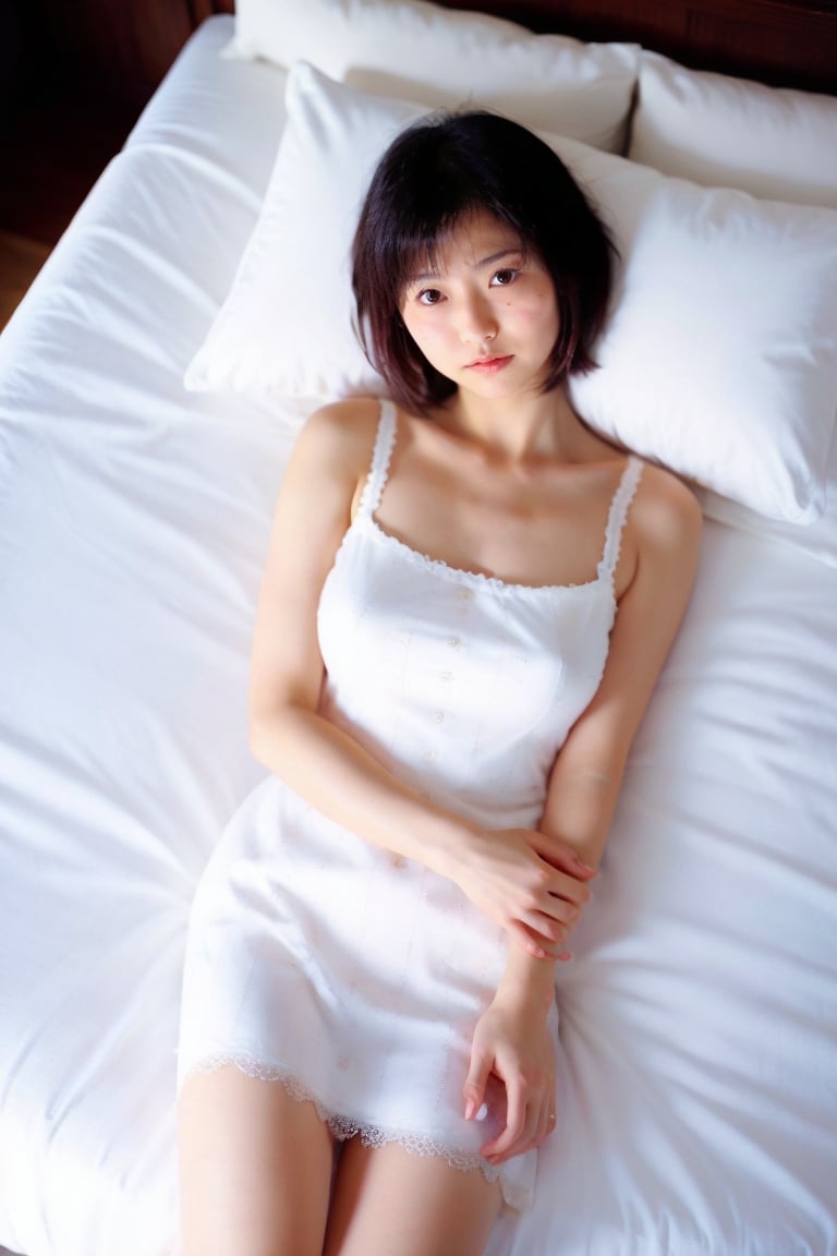 Japanese woman, cute, short hair, white night dress, natural light, (from above:1.1), (luxury bed:1.1) <lora:aiAzKa-08:0.8>