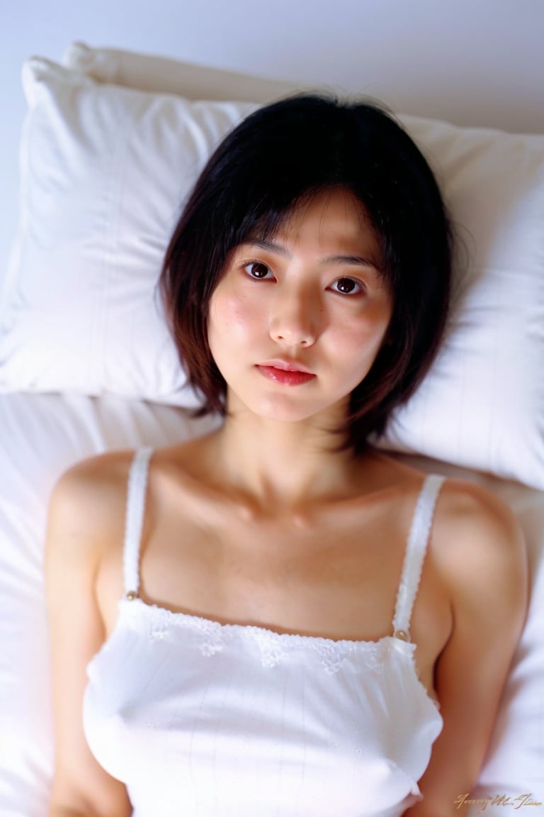 Japanese woman, cute, short hair, white night dress, natural light, (from above:1.1), (luxury bed:1.1) <lora:aiAzKa-08:0.8>