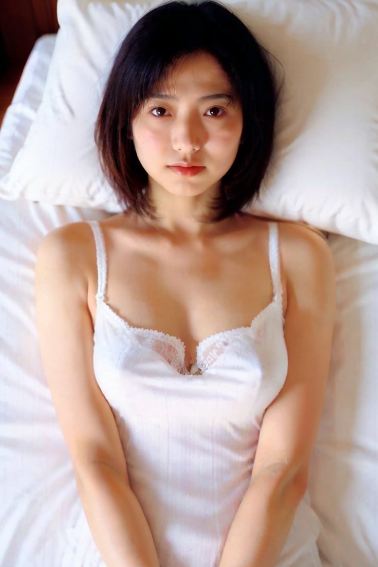 Japanese woman, cute, short hair, white night dress, natural light, (from above:1.1), (luxury bed:1.1) <lora:aiAzKa-10:0.8>