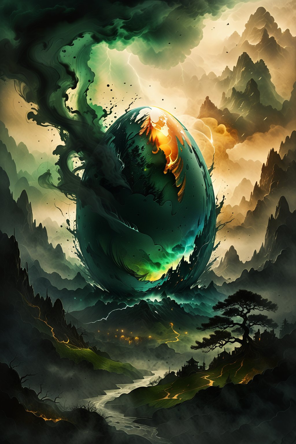 "Digital fantasy double exposure silhouetted an egg Illustration of a landscape thunder storm, Stylized watercolor art, Intricate, Complex contrast, HDR, Sharp, soft Cinematic Volumetric lighting, verdant fractal colours, wide long shot, perfect masterpiece 8k resolution" hyperrealistic-art-4end,ink,smoke,ink smoke,ink smoke background