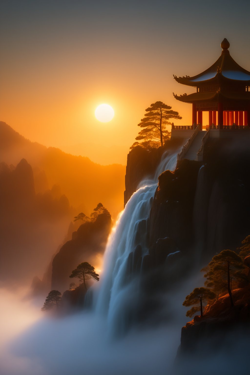 Masterpiece, best quality, 8K,HDR,(ultra-detailed original illustration: 1.3), Master's work, masterpiece, antique, aesthetic, (sun: 1.8) ,waterfall, fog, the Milky Wills composition, clips quality, 3D, A pine sculpture, mineral crystals, clips, clouds and mist, micro landscape, Chinese architectural complex, transparent quartz crystal, ice silk fiber, macro len, rich ligh,depth of field, jade carving, stone carving, crane