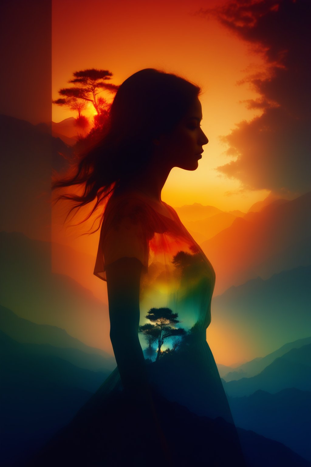 "Digital fantasy double exposure silhouetted a woman Illustration of a summerscape sunset, by Waterhouse, Carne Griffiths, Minjae Lee, Ana Paula Hoppe, Stylized watercolor art, Intricate, Complex contrast, HDR, Sharp, soft Cinematic Volumetric lighting, verdant fractal colours, wide long shot, perfect masterpiece 8k resolution" hyperrealistic-art-4end