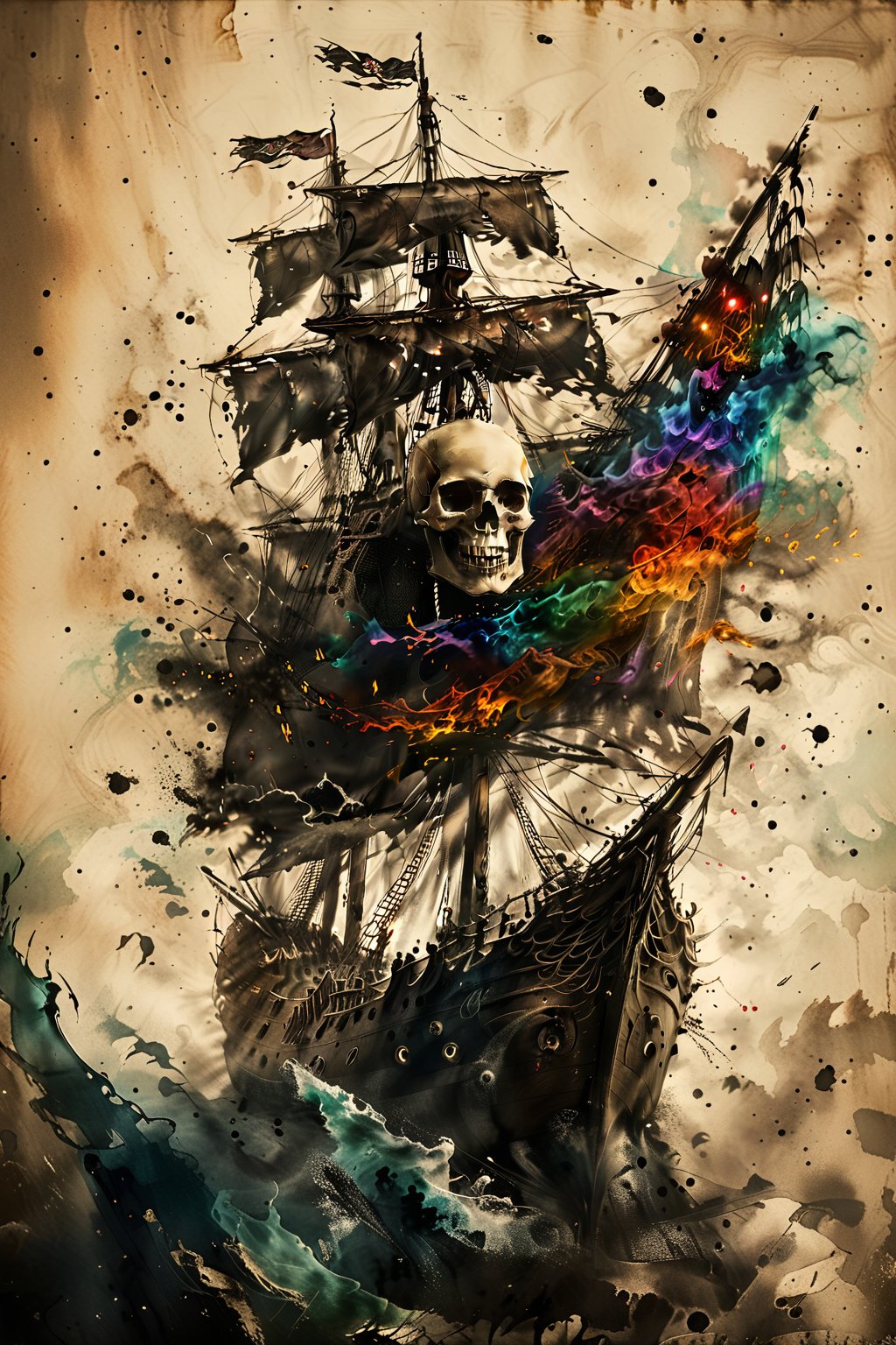 Realistic, hyper detailed, award winning masterpiece, full body portrait, ((ultra-high resolution 16k intense color portrait)), in the deep ocean, rough sea waves a large pirates ship with a black skull flag on top, ultra realistic, Hyper, vibrant light, storm, clouds, lightning, rough weather cinematic background, colorful paint splatter, colorful ink wash painting, colorful, colorful background, ,ink, ink smoke,smoke,ink smoke background,