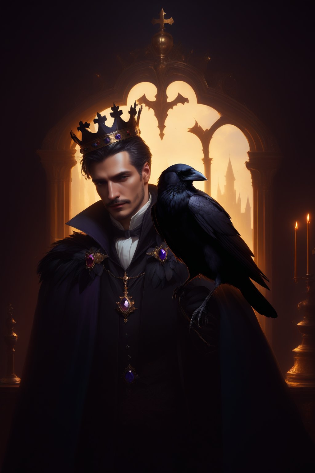 alchemist and magician aristocratic man, a dead raven crow on his shoulder, man looking from behind a mirror, far behind him small figure of beautiful queen in a crown, a dark castle on the background