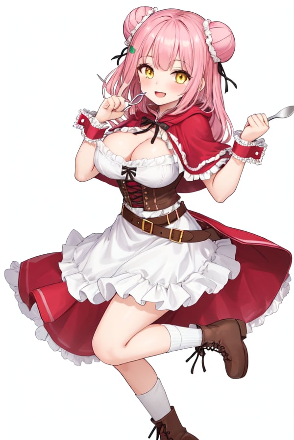 MerunMorino, 1girl, solo, long hair, breasts, looking at viewer, blush, smile, open mouth, bangs, large breasts, simple background, hair ornament, white background, dress, bow, ribbon, cleavage, full body, yellow eyes, pink hair, boots, frills, socks, belt, hood, hair bun, wrist cuffs, double bun, capelet, brown footwear, cat, standing on one leg, frilled dress, knife, cross-laced footwear, fork, red capelet

