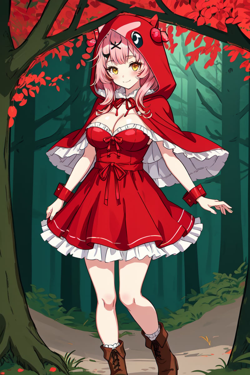 MerunMorino, 1girl, solo, long hair, breasts, looking at viewer, blush, smile, bangs, large breasts, big breasts, hair ornament, enchanted forest image background, white dress, bow, cleavage, closed mouth, standing, full body, yellow eyes, pink hair, boots, frills, socks, hood, wrist cuffs, capelet, animal, brown footwear, red dress, frilled dress, hood up, red capelet, hooded capelet, red hood, little red riding hood \(grimm\)

