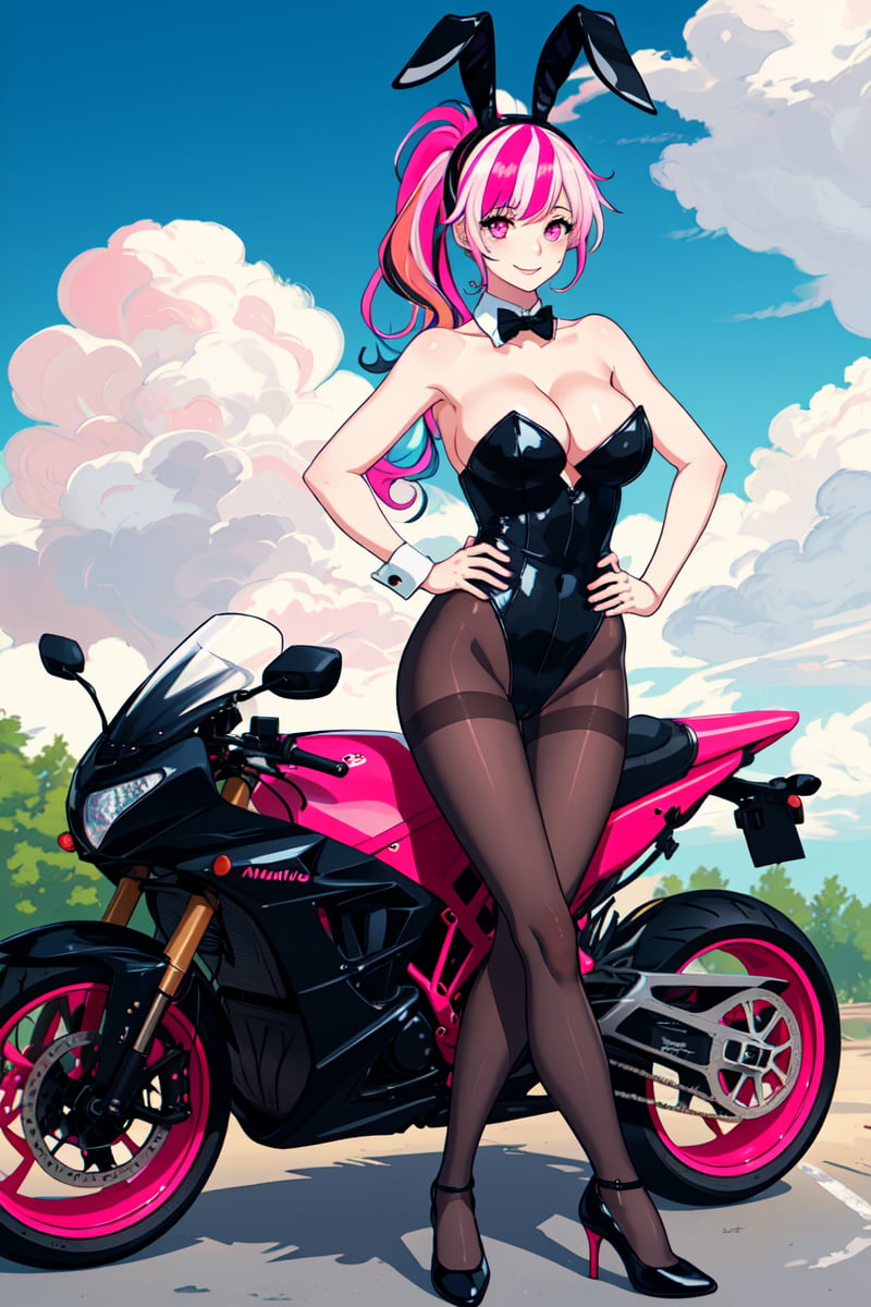 MerunMorino, 1girl, solo, long hair, breasts, looking at viewer, smile, bangs, large breasts, black hair, animal ears, cleavage, bare shoulders, sitting, ponytail, pink hair, pantyhose, multicolored hair, outdoors, sky, cloud, pink eyes, black footwear, high heels, two-tone hair, leotard, streaked hair, hand on hip, black pantyhose, bare arms, strapless, playboy bunny, ground vehicle, black leotard, motor vehicle, strapless leotard, motorcycle

