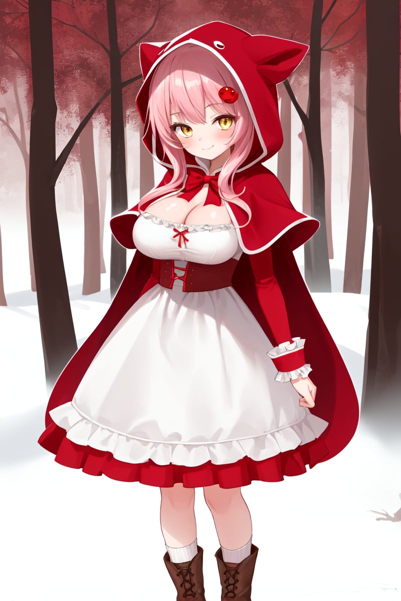 MerunMorino, 1girl, solo, long hair, breasts, looking at viewer, blush, smile, bangs, large breasts, big breasts, hair ornament, enchanted forest image background, white dress, bow, cleavage, closed mouth, standing, full body, yellow eyes, pink hair, boots, frills, socks, hood, wrist cuffs, capelet, animal, brown footwear, red dress, frilled dress, hood up, red capelet, hooded capelet, red hood, little red riding hood \(grimm\)

