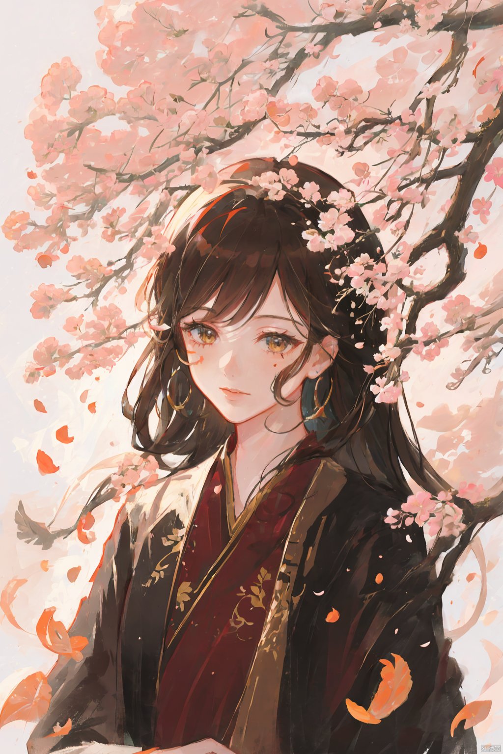 TT, 1girl, long hair, flower, branch, bird, hair ornament, solo, dress, hair flower, brown hair, long sleeves, chinese clothes, hanfu, facial mark, tree, petals, upper body, outdoors