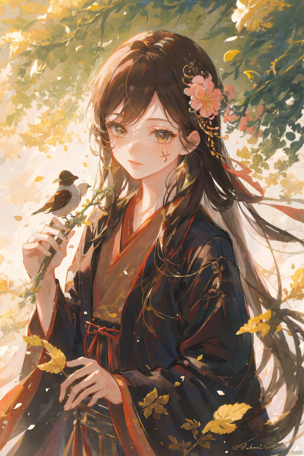  TT, 1girl, long hair, flower, branch, bird, hair ornament, solo, dress, hair flower, brown hair, long sleeves, chinese clothes, hanfu, facial mark, tree, petals, upper body, outdoors