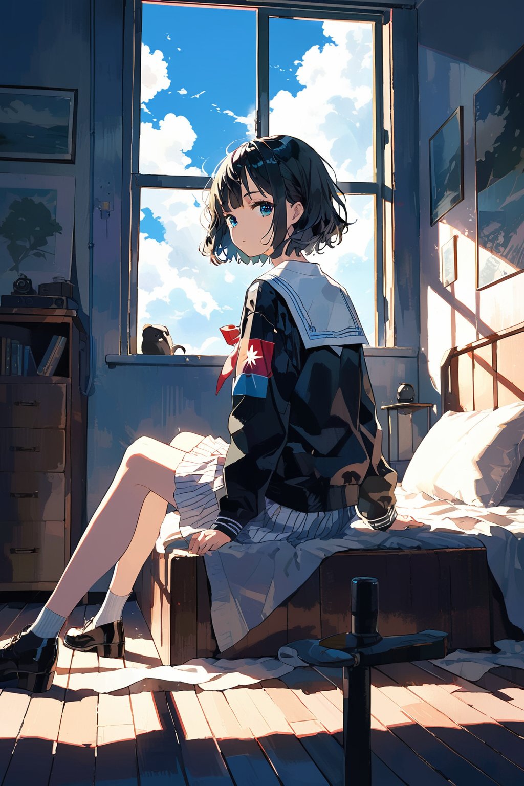 (Modular constructivism, Bro:1.2),
scenery, background, masterpiece, best quality, aesthetic,
1girl, solo, school uniform, serafuku,
sunlight, light rays, day, shadow, dappled sunlight,
(bedroom:1.2), black footwear, black hair, black jacket, blue eyes, cloud, from behind, indoors, jacket, looking at viewer, looking back, outdoors, short hair, sitting, sky, striped, striped pants, white shirt, window