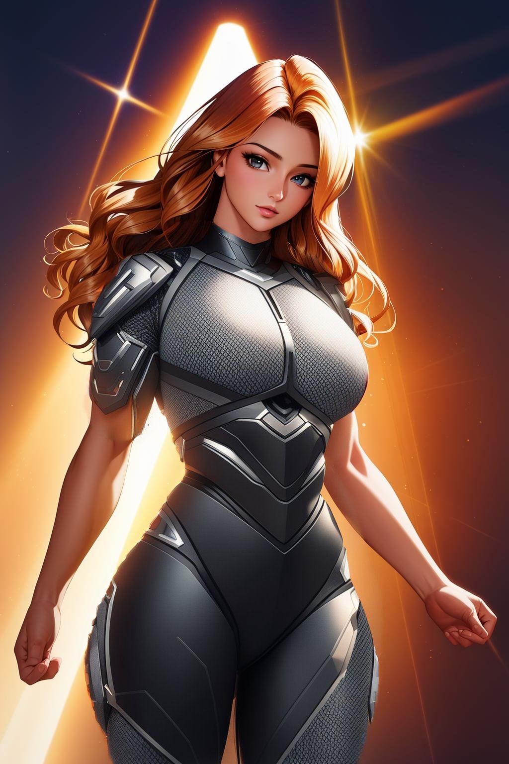 cybersuit, armor, futuristic armor, carbon fiber mesh, fcPortrait, midriff, thighs, cleavage