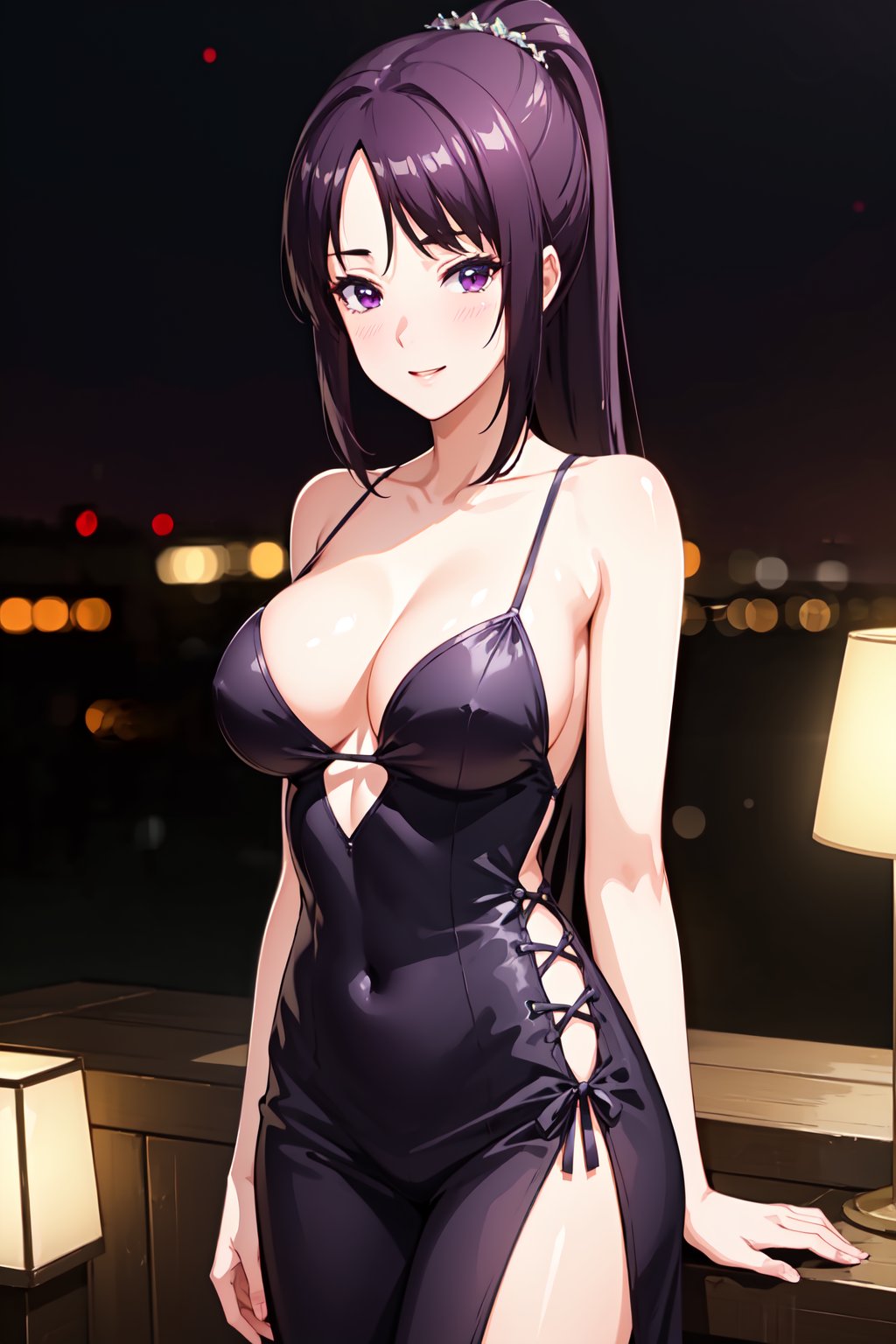 masterpiece, best quality, hdr, wallpaper, ultra detailed, 1girl, SugisawaYukari, mature female, solo, cowboy shot, sexy pose, long hair, ponytail, hair ornament, purple hair, side bangs, purple eyes, long dress, formal dress, bare shoulders, cleavage, light smile, blush, looking at viewer, outdoors, palace, night, 