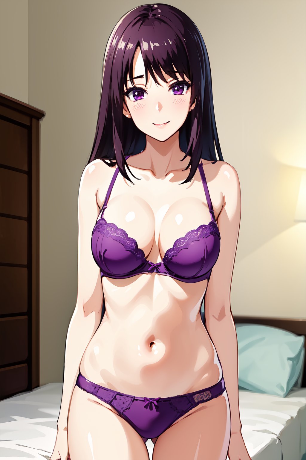 masterpiece, best quality, hdr, wallpaper, ultra detailed, 1girl, SugisawaYukari, solo, dinamic pose, cowboy shot, portrait, long hair, purple hair, side bangs, purple eyes, underwear, purple bra, purple panties, lingierie, collarbone, smile, blush, looking at viewer, indoors, bedroom, bed, 