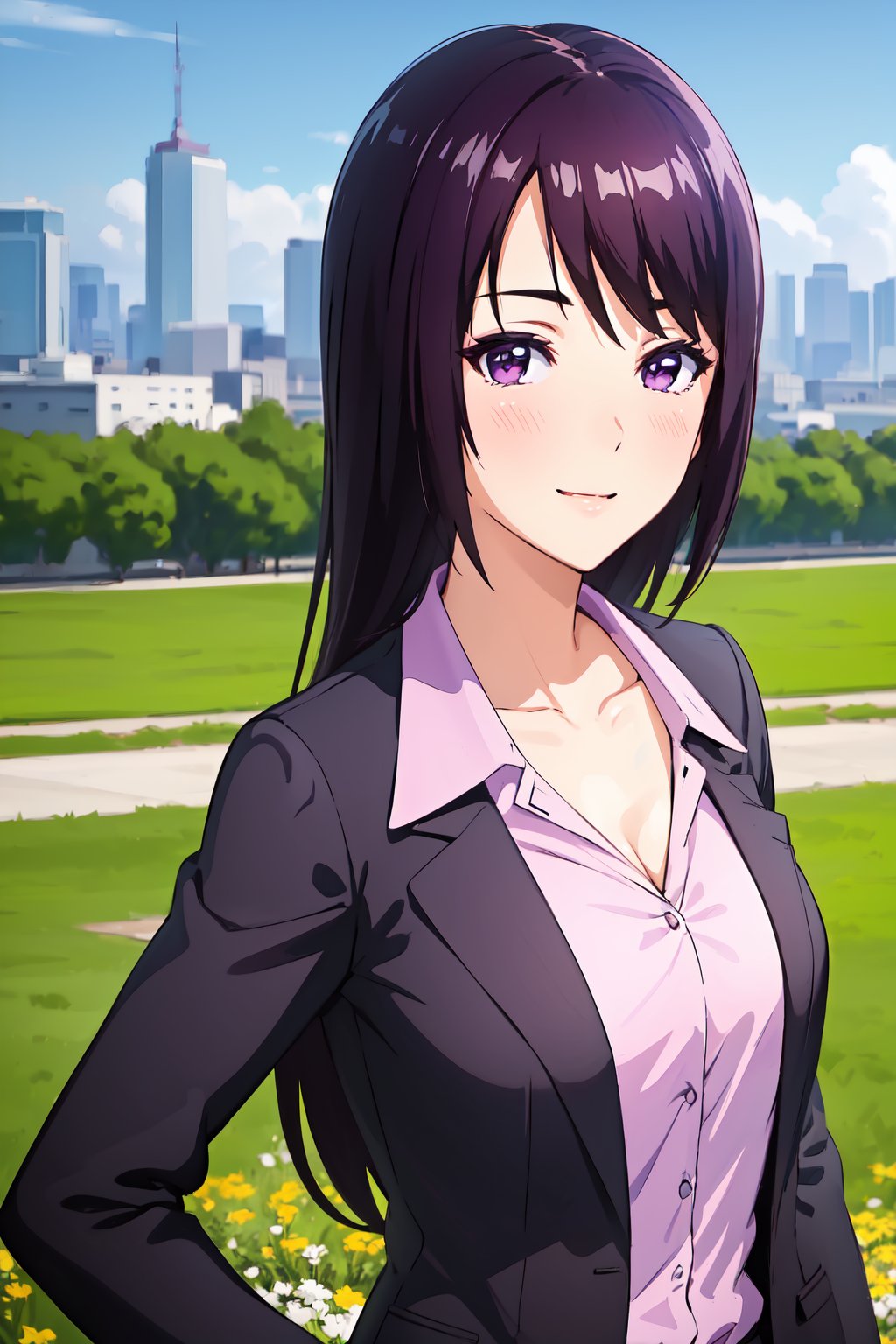 masterpiece, best quality, hdr, wallpaper, ultra detailed, 1girl, SugisawaYukari, solo, dinamic pose, upper body, portrait, long hair, purple hair, side bangs, purple eyes, office lady, suit, formal, black jacket, large breasts, open jacket, purple shirt, collared shirt, collarbone, smile, blush, looking at viewer, outdoors, cityscape, grass, trees, blue sky, clouds, 