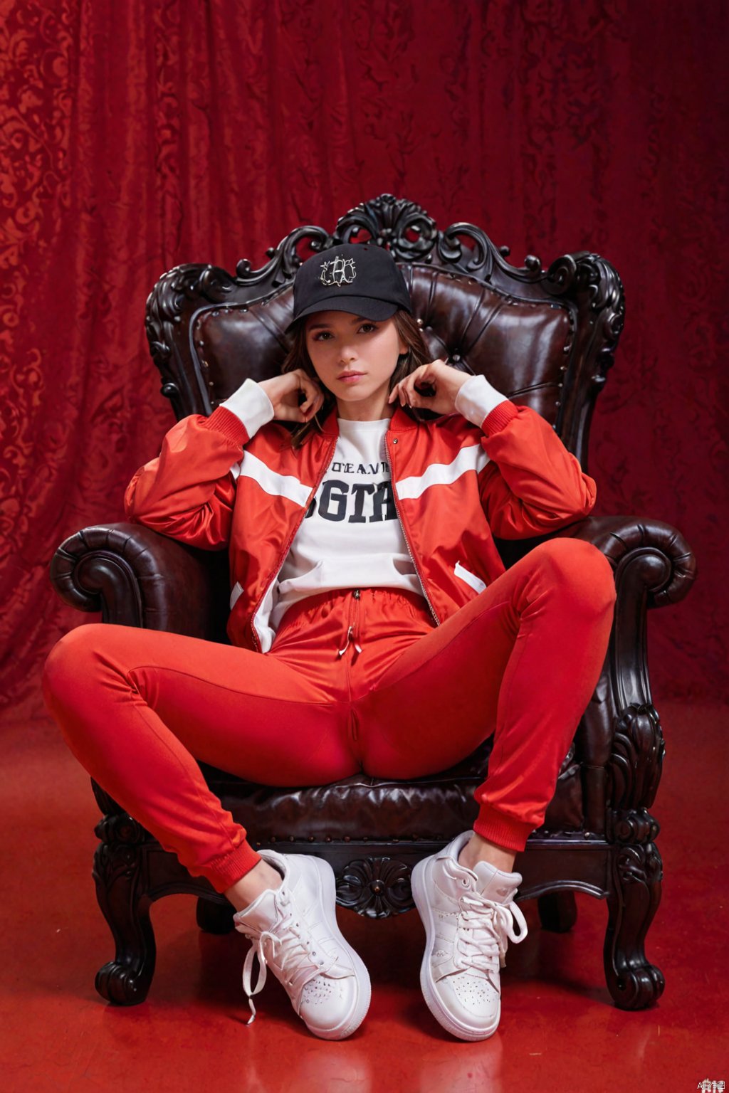  1girl, solo, shirt, long sleeves, hat, sitting, jacket, full body, shoes, pants, black eyes, chair, white footwear, red background, red jacket, head rest, red pants, red theme, throne,best quality, ultra highres, original, extremely detailed, perfect lighting.