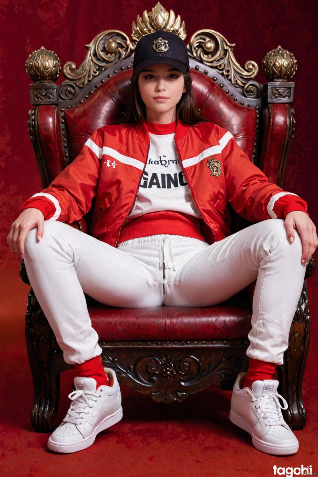  1girl, solo, shirt, long sleeves, hat, sitting, jacket, full body, shoes, pants, black eyes, chair, white footwear, red background, red jacket, head rest, red pants, red theme, throne,best quality, ultra highres, original, extremely detailed, perfect lighting.