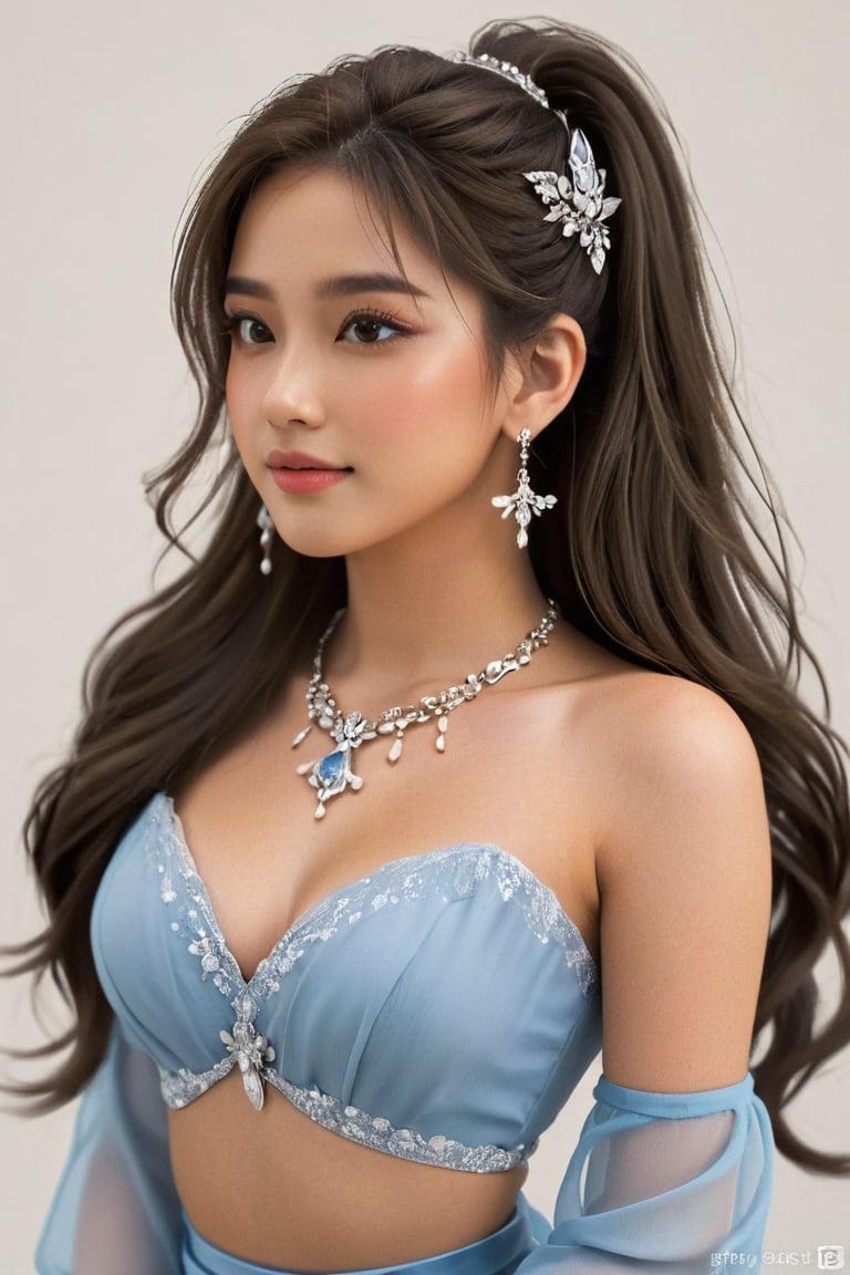 1girl, solo, long hair, princess_attire, simple background, hair, black hair, white background, jewelry, ponytail, earrings, midriff, necklace