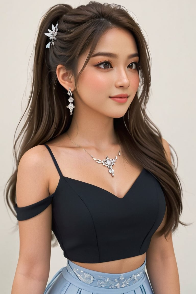 1girl, solo, long hair, princess_attire, simple background, hair, black hair, white background, jewelry, ponytail, earrings, midriff, necklace