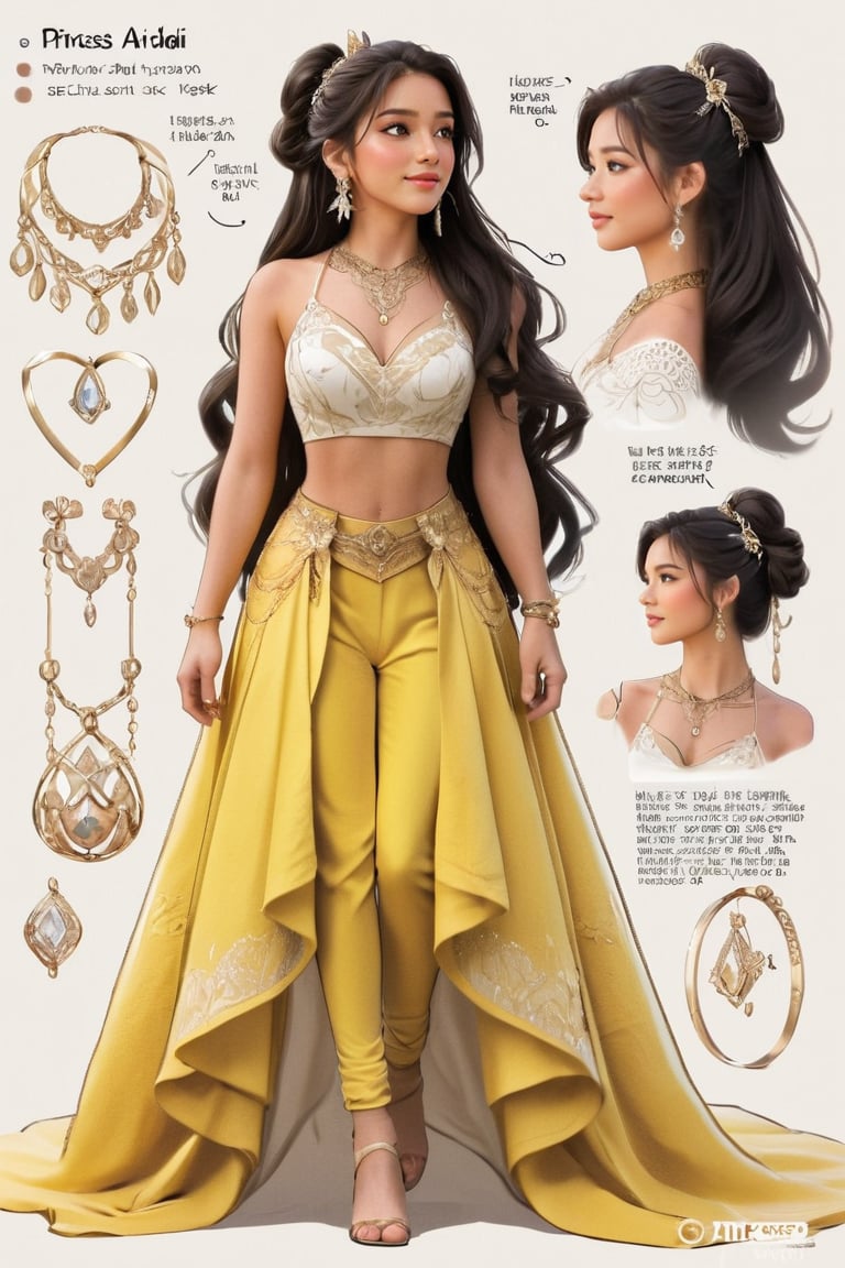 1girl, solo, long hair, princess_attire, random color attire, random style, simple background, hair, black hair, head to toe, full body, white background, jewelry, ponytail, earrings, midriff, necklace, reference sheet
