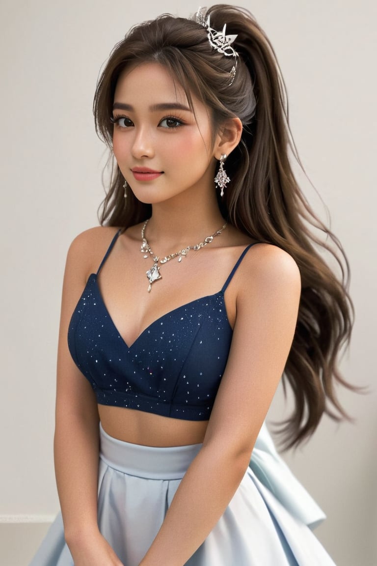 1girl, solo, long hair, princess_attire, simple background, hair, black hair, head to toe, full body, white background, jewelry, ponytail, earrings, midriff, necklace