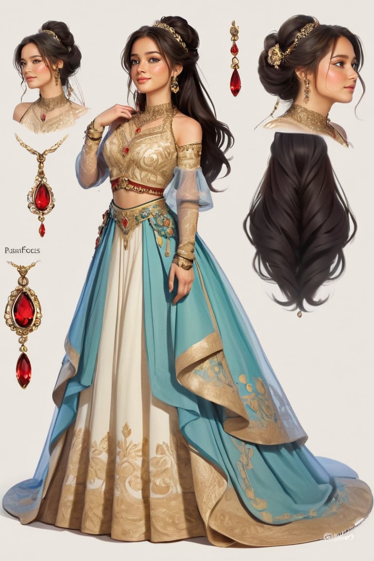1girl, solo, long hair, Russian princess_attire, ranfom color attire, head to toe, full body, simple background, hair, black hair, white background, jewelry, ponytail, earrings, midriff, necklace, reference sheet, 