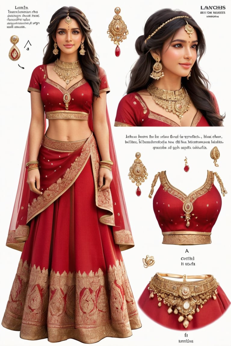1girl, solo, long hair, indian princess_attire, red attire, lahanga & choli, head to toe, full body, simple background, hair, black hair, white background, jewelry, ponytail, earrings, midriff, necklace, reference sheet, 