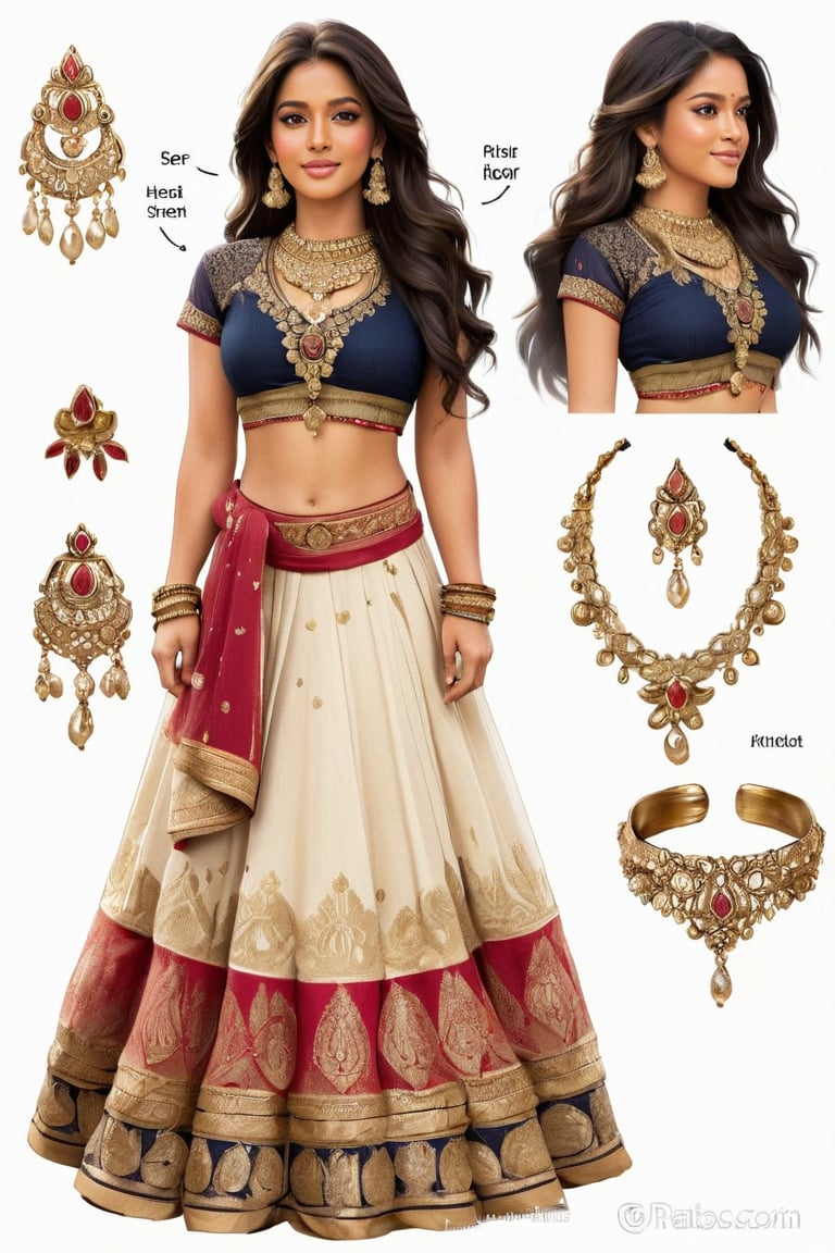 1girl, solo, long hair, indian princess_attire, ranfom color attire, lahanga & choli, head to toe, full body, simple background, hair, black hair, white background, jewelry, ponytail, earrings, midriff, necklace, reference sheet, 