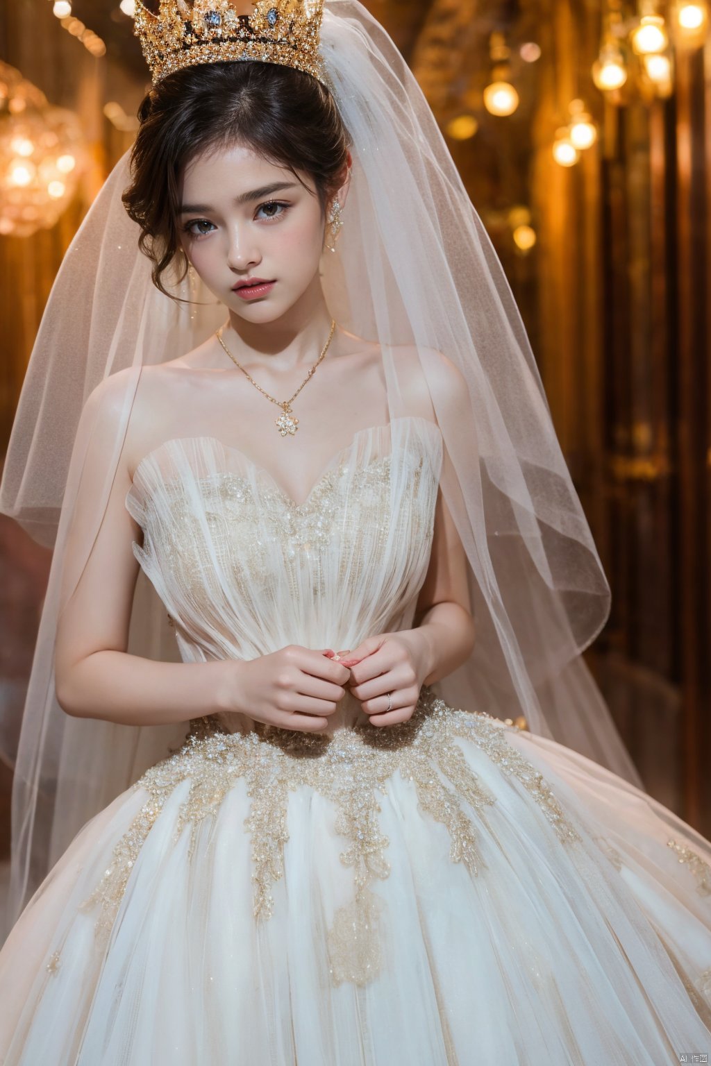  Ultra-clear 8k, real, night, smile, crown, necklace, perspective, hanger, nudity, diamonds, bridal veil, Golden wedding dress, 1 girl, 