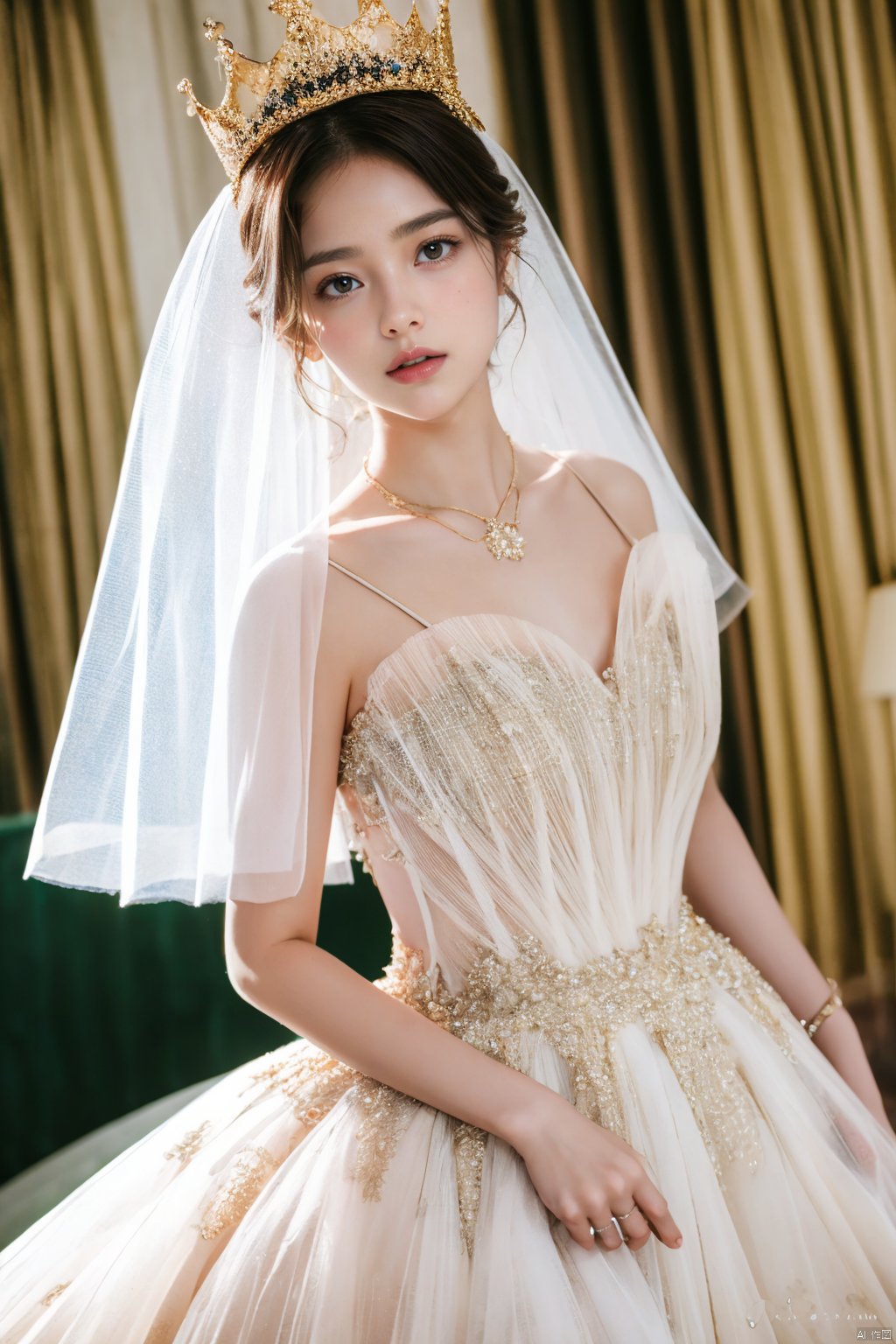  Ultra-clear 8k, real, night, smile, crown, necklace, perspective, hanger, nudity, diamonds, bridal veil, Golden wedding dress, 1 girl, 