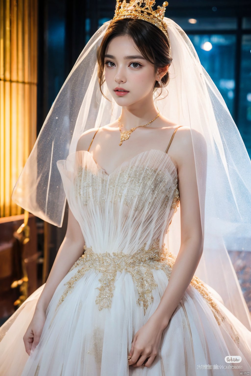  Ultra-clear 8k, real, night, smile, crown, necklace, perspective, hanger, nudity, diamonds, bridal veil, Golden wedding dress, 1 girl, 