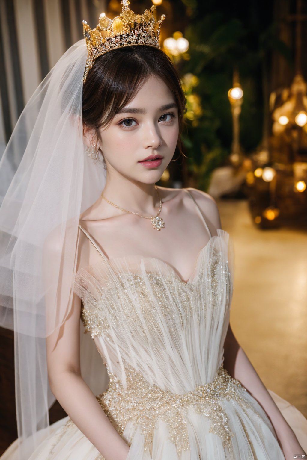  Ultra-clear 8k, real, night, smile, crown, necklace, perspective, hanger, nudity, diamonds, bridal veil, Golden wedding dress, 1 girl, 