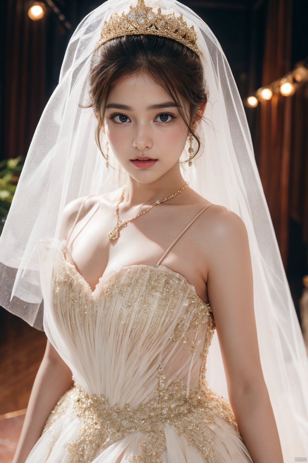  Ultra-clear 8k, real, night, smile, crown, necklace, perspective, hanger, nudity, diamonds, bridal veil, Golden wedding dress, 1 girl, 