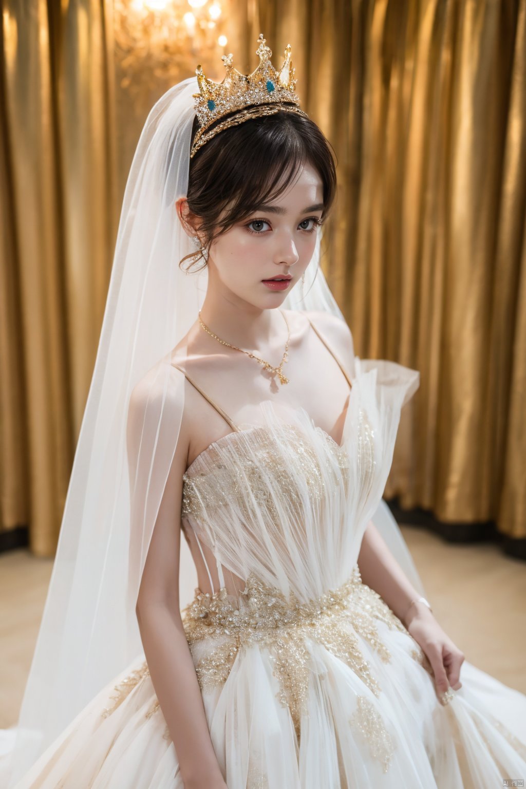  Ultra-clear 8k, real, night, smile, crown, necklace, perspective, hanger, nudity, diamonds, bridal veil, Golden wedding dress, 1 girl, 