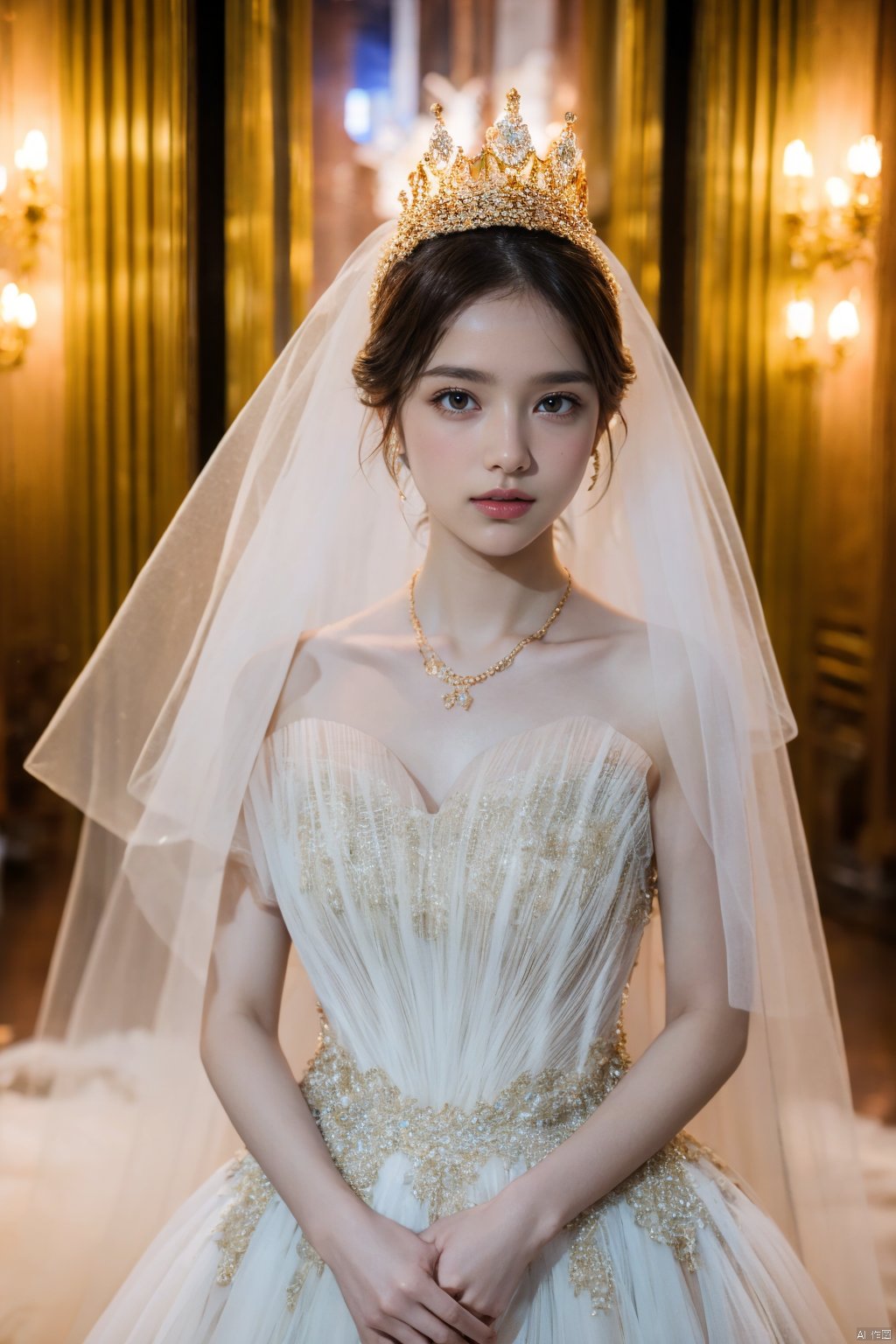  Ultra-clear 8k, real, night, smile, crown, necklace, perspective, hanger, nudity, diamonds, bridal veil, Golden wedding dress, 1 girl, 