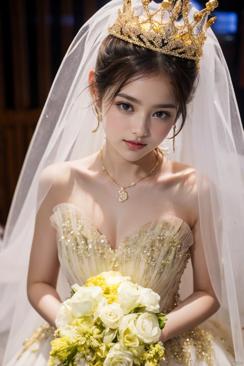  Ultra-clear 8k, real, night, smile, crown, necklace, perspective, hanger, nudity, diamonds, bridal veil, Golden wedding dress, 1 girl, 