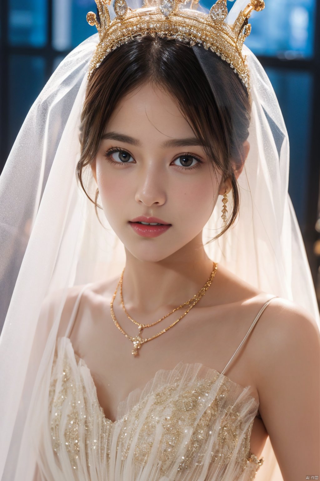  Ultra-clear 8k, real, night, smile, crown, necklace, perspective, hanger, nudity, diamonds, bridal veil, Golden wedding dress, 1 girl, 